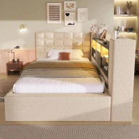 Upholstered Daybed with Hydraulic Under-Bed Storage, Beige Linen Sofa Bed with App-Controlled LED Lighting, 203L x 108W x 86H cm, Beige(m-10)