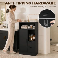 HOMCOM Meuble de salle de bain, meuble de rangement étroit avec 2 tiroirs, compartiments ouverts, 50x25x100cm, noir(m-8)