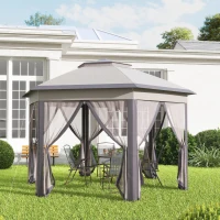 Outsunny 3 x 4m Garden Gazebo Hexagon Pop Up Gazebo Party Tent Canopy Double Roof Instant Shelter with Netting and Carry Bag for Outdoor Patio, Beige(m-9)