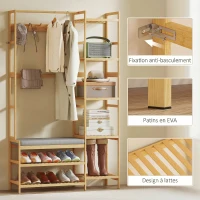HOMCOM Meuble d'entrée en bambou, vestiaire d'entrée, banc, assise rembourrée, 10 crochets, tringle, 104x33x175cm, naturel(m-7)