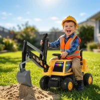 AIYAPLAY Sitzbagger Aufsitzbagger mit Schaufel Lenkrad drehbar Aufbau verstellbar Rückenlehne für Kinder 1,5-3 Jahre Gelb(m-10)