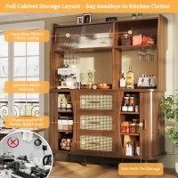 Rattan-Look Front Sideboard with Smooth-Running Glass Sliding Doors, Space-Saving Storage Cabinet with 3 Drawers, 140L x 40.5W x 174.5H cm, Walnut(m-5)