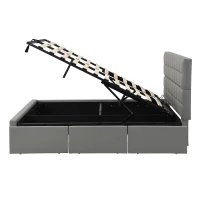 Elegant Upholstered Bed with Hydraulic Lift, Sturdy Storage Bed with 3 Storage Drawers, 202L x 148W x 100H cm, Grey(m-14)
