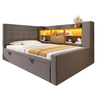 Upholstered Daybed with Pull-Out Trundle and Space-Saving Storage, Versatile Grey Linen Bed Frame with LED Lighting, 204L x 107W x 88H cm, Grey(m-14)