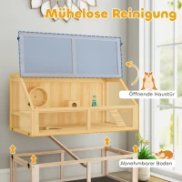 PawHut Houtenen hamsterskooi 3 verdiepingen knaagdierkooi met wip, looprad en huisje 95 x 53 x 76 cm natuurhout(m-6)