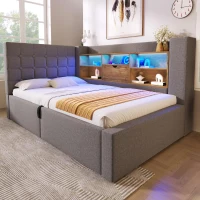 Upholstered Single Bed with Interchangeable L‑shaped Headboard, Stylish Linen Bed Frame with Hydraulic Storage, 203L x 108W x 86H cm, Grey(m-1)