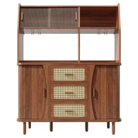 Rattan-Look Front Sideboard with Smooth-Running Glass Sliding Doors, Space-Saving Storage Cabinet with 3 Drawers, 140L x 40.5W x 174.5H cm, Walnut(m-2)