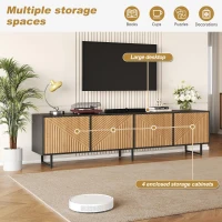Modern 180cm TV Stand with Diagonal Fluted Doors, Industrial-Style Lowboard for up to 80-Inch TVs, 180L x 40W x 50H cm, Black+Wood(m-5)