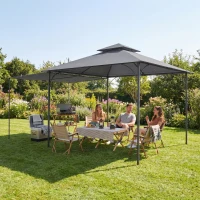 Outsunny Pavillon 3,2x3,2 m Stabil Winterfest Gartenpavillon mit ausziehbaren Dachüberstand, Doppeldach Dunkelgrau(m-10)