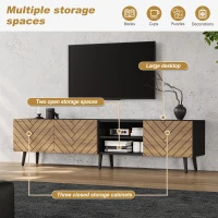 Modern Geometric TV Cabinet with Herringbone Fronts, Industrial-Style TV Stand with Solid Wood Legs, 180L x 33.5W x 45H cm, Black+Oak(m-4)