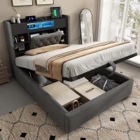 Upholstered Linen Bed Frame with Ambient LED Lighting, 4ft6 Double Bed with Hydraulic Under-Bed Storage, 213L x 143W x 115H cm, Grey(m-1)