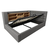 Upholstered Single Bed with Interchangeable L‑shaped Headboard, Stylish Linen Bed Frame with Hydraulic Storage, 203L x 108W x 86H cm, Grey(m-14)
