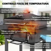 Outsunny Grelhador de Carvão com Bandeja e Ventilação Ajustável Prateleiras Laterais Rodas Termómetro Tampa e Porta 112x63x101,5 cm Preto(m-6)