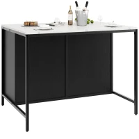 Standing Bar Table with Marble-Effect MDF Top and Solid Iron Legs, Marble Kitchen Island Table with Adjustable Shelves, 100L x 90W x 90H cm, Black(m-10)