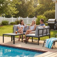 Outsunny Set da Giardino 3pz con Divano Angolare 4 Posti e Tavolino a Doghe, in Metallo e Poliestere Grigio(m-9)