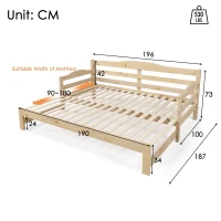 Stylish Cabin Bed with Pull-Out Trundle and Practical Storage, Natural Finish Wooden Bed Frame with MDF Slatted Base, 196L x 187W x 73H cm, Natural(m-3)