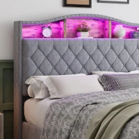 Upholstered 4ft6 Double Bed with Built-in Bedside Storage, Sturdy Storage Bed with Colourful LED Light Strip, 210L x 140.5W x 124H cm, Grey(m-7)