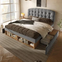Upholstered Single Bed with Height-Adjustable Button-Tufted Headboard, Plush Grey Bed Frame with Built-In Drawers, 198L x 101W x 120H cm, Grey(m-1)