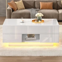Lift-Top Coffee Table with App-Controlled RGB LED Lights, High-Gloss Center Table with Hidden Compartment, 100L x 45W x 43H cm, White(m-9)