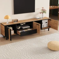 Modern 180cm TV Stand with Ample Concealed Storage, Low-Profile Entertainment Centre for TVs up to 80 Inches, 180L x 32.5W x 50H cm, Black+Wood(m-1)