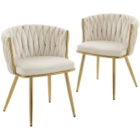 HOMCOM 2er-Set Esszimmerstühle, gepolsterte Küchenstühle aus Velours mit geflochtener Rückenlehne und Armlehnen, Creme(m-8)