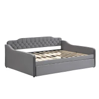 Space-Saving Upholstered 4ft6 Double Daybed with Pull-Out Trundle, Versatile Sofa Bed with Thick Foam Padding, 202L x 139.5W x 81.5H cm, Grey(m-2)