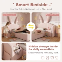 Bunny Ears Children's Upholstered Bed Frame with Hydraulic Storage, Rose Velvet Kids Bed with Thick Padded Headboard, 206L x 149W x 143H cm, Rose(m-6)