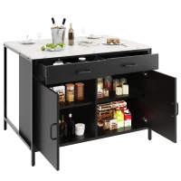 Standing Bar Table with Marble-Effect MDF Top and Solid Iron Legs, Marble Kitchen Island Table with Adjustable Shelves, 100L x 90W x 90H cm, Black(m-11)