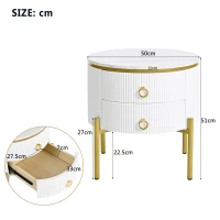 Modern Side Table with Marble-Effect Top and 2 Drawers, Durable Coffee Table with Adjustable Legs, 50L x 50W x 51H cm, White(m-3)