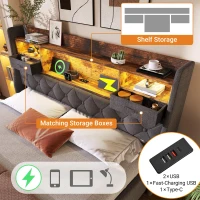 Upholstered Hydraulic Bed with LED Ambient Lighting, Linen Grey Bed Frame with Storage Headboard, 208L x 147W x 116H cm, Grey(m-4)