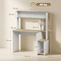 HOMCOM Scrivania per computer con ripiani, supporto monitor e CPU, 114x45x138 cm, bianco e legno(m-3)
