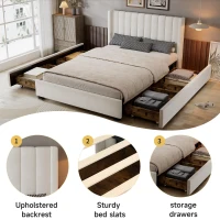 Upholstered Double Bed with Soft Padded Headboard, Practical Storage Bed with Smooth Castors, 200L x 142W x 118.5H cm, Beige(m-4)