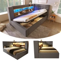Upholstered Single Bed with Interchangeable L‑shaped Headboard, Stylish Linen Bed Frame with Hydraulic Storage, 203L x 108W x 86H cm, Grey(m-8)