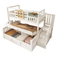 Twin Over Full Bunk Bed with Solid Pine and MDF Construction, Wooden Cabin Bed with Hydraulic Under-Bed Storage, 243L x 144W x 172H cm, White(m-14)