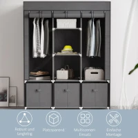 HOMCOM stoffen kledingkast, kledingkast met kledingrekken en laden, opvouwbare kledingkast met ritssluiting, opvouwbare kledingkast voor slaapkamer, niet-geweven stof, donkergrijs, 125 x 43 x 162,5 cm(m-6)