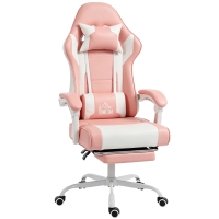 HOMCOM Silla Gamer con Lumbar Masaje Vibración Reclinable 155° Altura Ajustable Reposacabezas y Reposapiés Retráctil Rosa