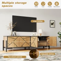 Geometric Wood TV Stand with Bold Geometric Doors, Modern Industrial Unit with Adjustable Shelves, 153L x 40W x 50H cm, Rustic Brown(m-5)