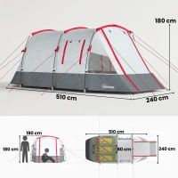 Outsunny Tente de camping familiale 3 personnes, tente tunnel imperméable, portes + fenêtres, 5,1 x 2,4 x 1,8 cm, gris clair(m-3)