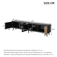 Mid-Century TV Cabinet with Smart App LED Lighting, Modern TV Stand with Built-In Cable Management, 175L x 31W x 43.5H cm, Black+Wood(m-3)
