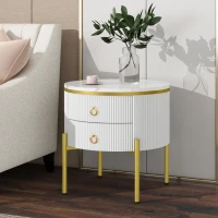 Modern Side Table with Marble-Effect Top and 2 Drawers, Durable Coffee Table with Adjustable Legs, 50L x 50W x 51H cm, White(m-4)