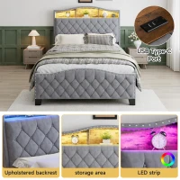 Upholstered 4ft6 Double Bed with Built-in Bedside Storage, Sturdy Storage Bed with Colourful LED Light Strip, 210L x 140.5W x 124H cm, Grey(m-4)