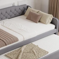 Space-Saving Upholstered 4ft6 Double Daybed with Pull-Out Trundle, Versatile Sofa Bed with Thick Foam Padding, 202L x 139.5W x 81.5H cm, Grey(m-10)