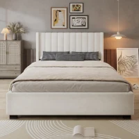Upholstered Double Bed with Soft Padded Headboard, Practical Storage Bed with Smooth Castors, 200L x 142W x 118.5H cm, Beige(m-7)