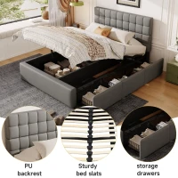 Elegant Upholstered Bed with Hydraulic Lift, Sturdy Storage Bed with 3 Storage Drawers, 202L x 148W x 100H cm, Grey(m-4)