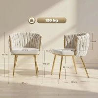 HOMCOM 2er-Set Esszimmerstühle, gepolsterte Küchenstühle aus Velours mit geflochtener Rückenlehne und Armlehnen, Creme(m-3)
