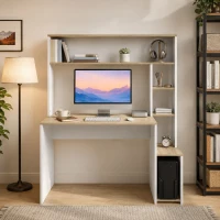 HOMCOM Scrivania per computer con ripiani, supporto monitor e CPU, 114x45x138 cm, bianco e legno(m-5)