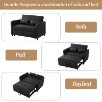 2-Seater Pull-Out Sofa Bed with 3-Level Adjustable Backrest, Space-Saving Convertible Bed with Metal Structure, 121L x 83W x 82H cm, Black(m-5)