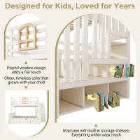 Twin Over Full Bunk Bed with Solid Pine and MDF Construction, Wooden Cabin Bed with Hydraulic Under-Bed Storage, 243L x 144W x 172H cm, White(m-6)