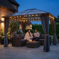 Outsunny 3 x 3.6m Hardtop Gazebo Canopy with Polycarbonate Roof Garden Pavilion with Removable Curtains and Steel Frame, Dark Grey(m-2)