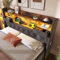 Upholstered Hydraulic Bed with LED Ambient Lighting, Linen Grey Bed Frame with Storage Headboard, 208L x 147W x 116H cm, Grey(m-11)